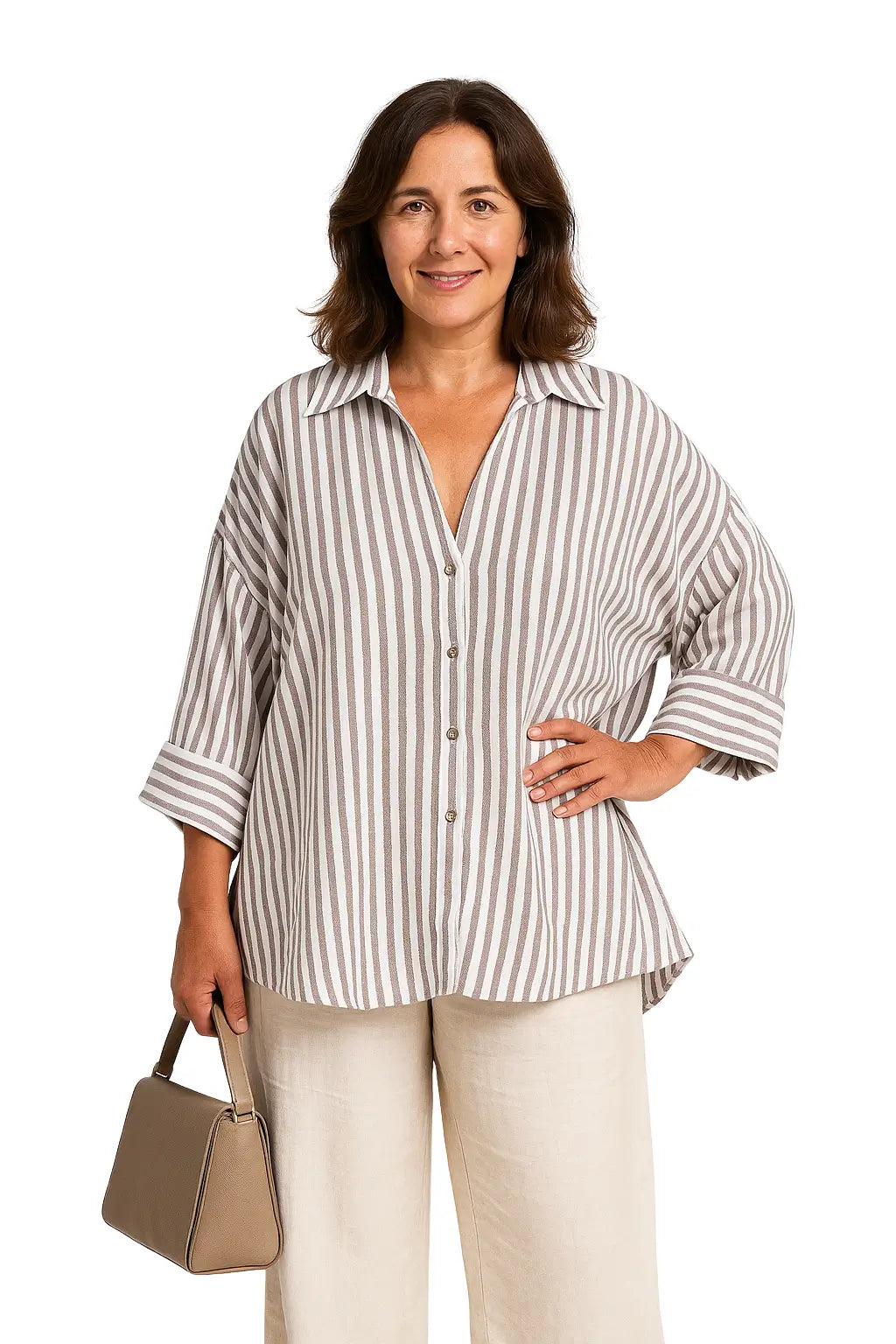 Camisas femininas casuais com mangas amplas e estampa listrada – modelo assimétrico nas cores azul, branco, rosa, amarelo e marrom