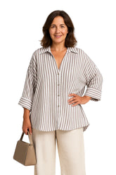 Camisas femininas casuais com mangas amplas e estampa listrada – modelo assimétrico nas cores azul, branco, rosa, amarelo e marrom