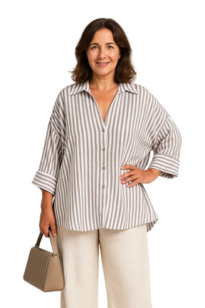 Camisas femininas casuais com mangas amplas e estampa listrada – modelo assimétrico nas cores azul, branco, rosa, amarelo e marrom