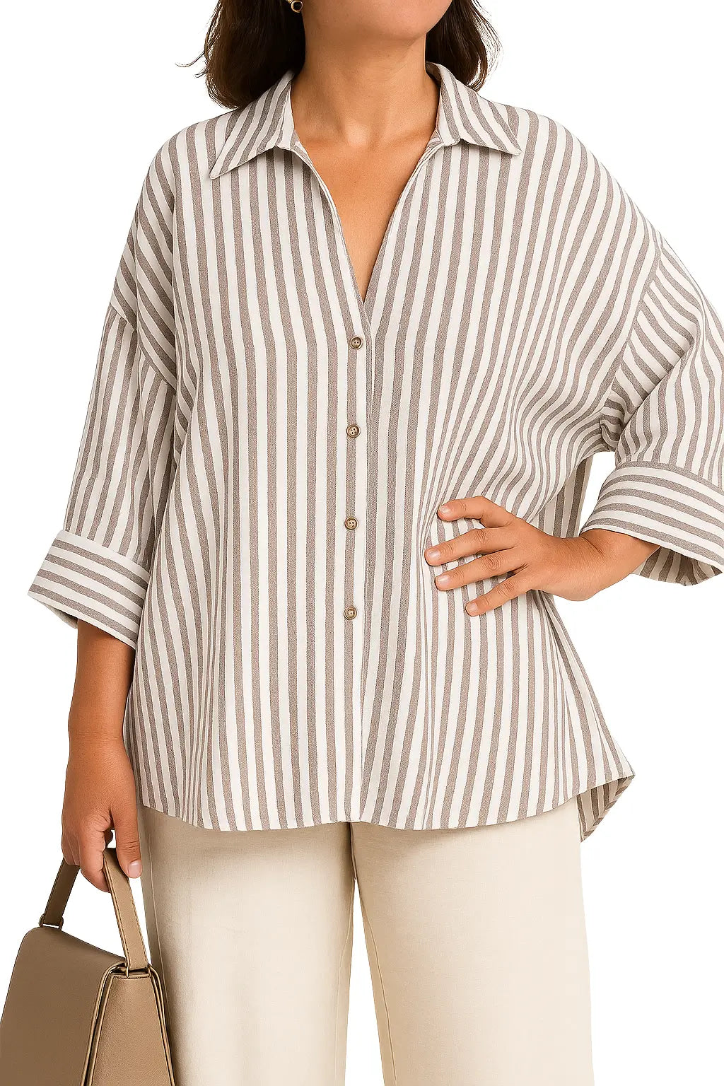 Camisas femininas casuais com mangas amplas e estampa listrada – modelo assimétrico nas cores azul, branco, rosa, amarelo e marrom