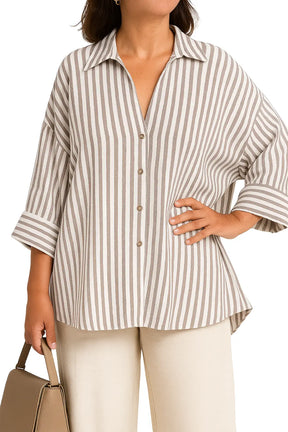 Camisas femininas casuais com mangas amplas e estampa listrada – modelo assimétrico nas cores azul, branco, rosa, amarelo e marrom