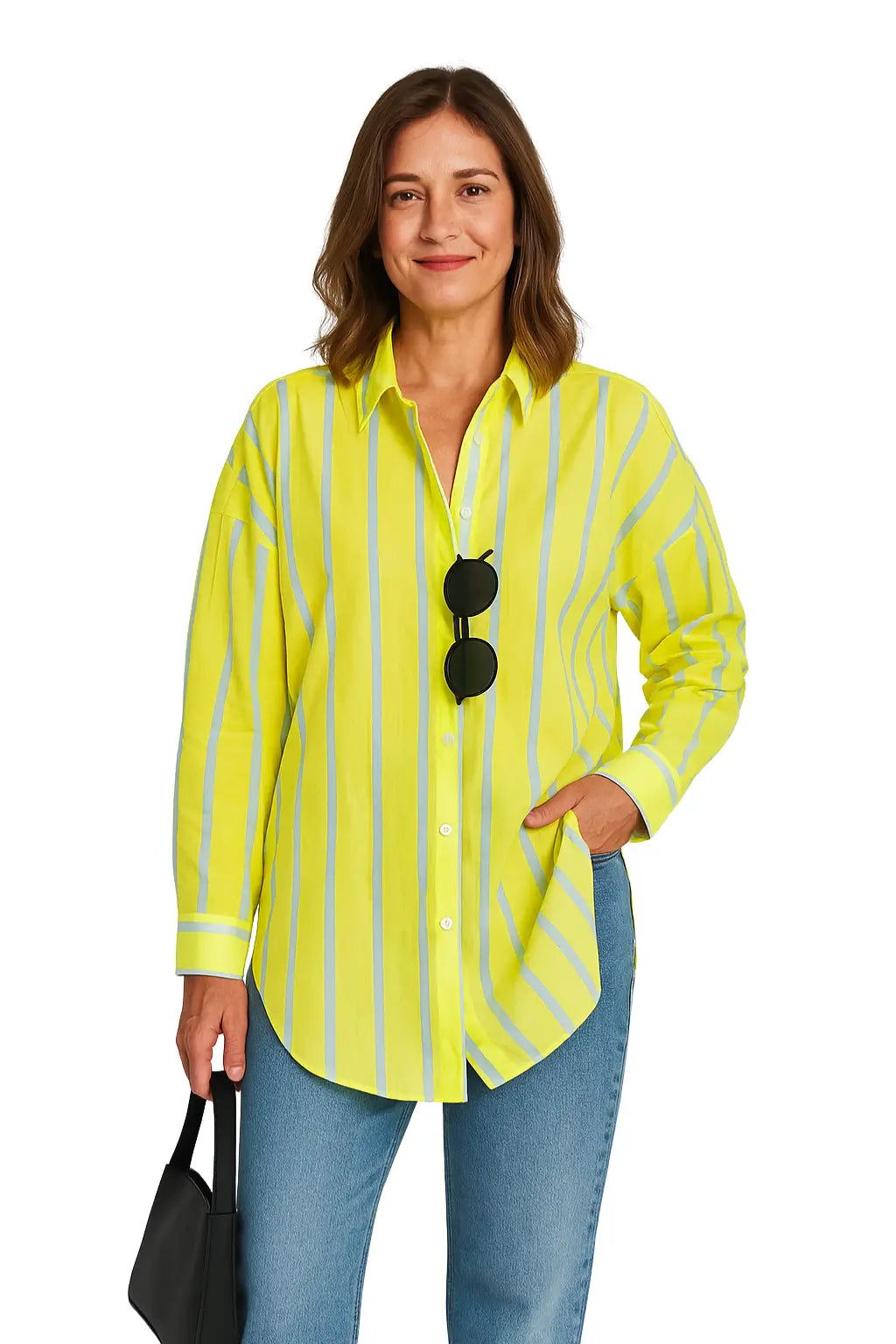 Camisa feminina listrada amarela com manga longa e gola social – modelo casual 
