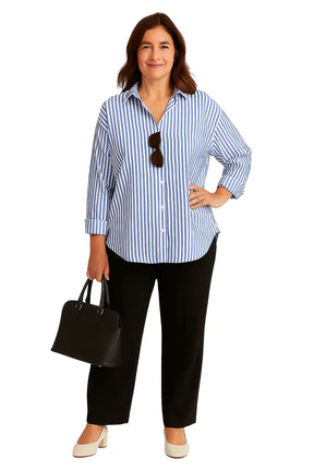 Camisas femininas oversized com manga longa, gola social e botões – modelos lisos e listrados em branco, azul, verde e bege