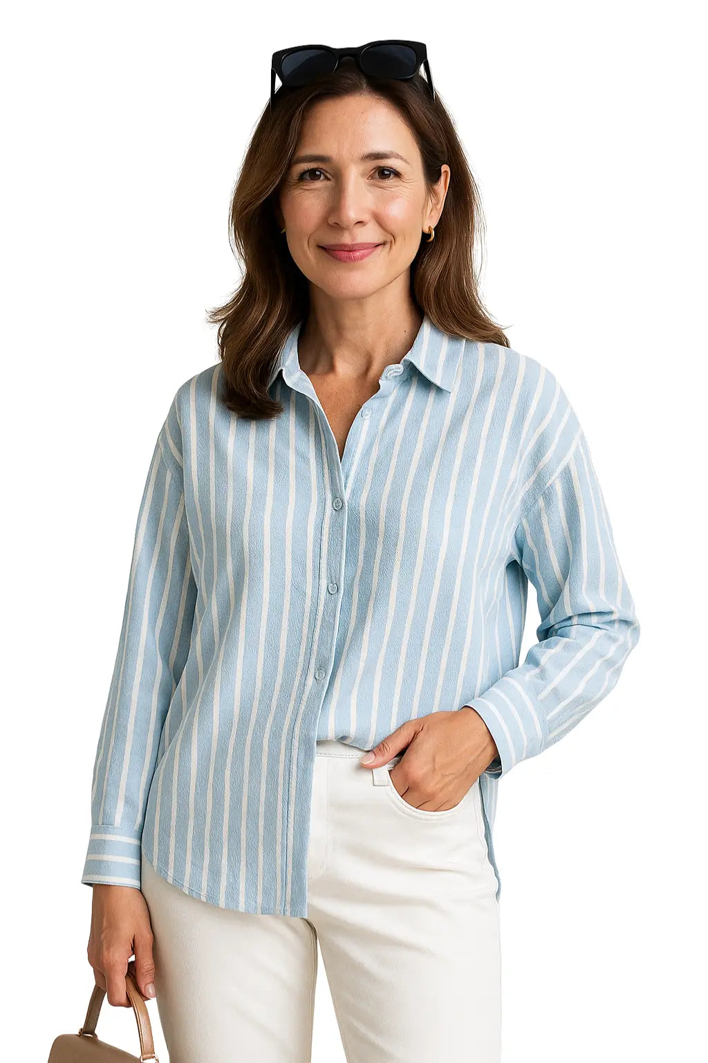 Camisa feminina listrada azul com manga longa, caimento solto e gola polo – modelo leve e respirável para o verão