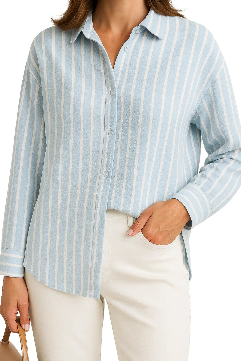 Camisa feminina listrada azul com manga longa, caimento solto e gola polo – modelo leve e respirável para o verão 