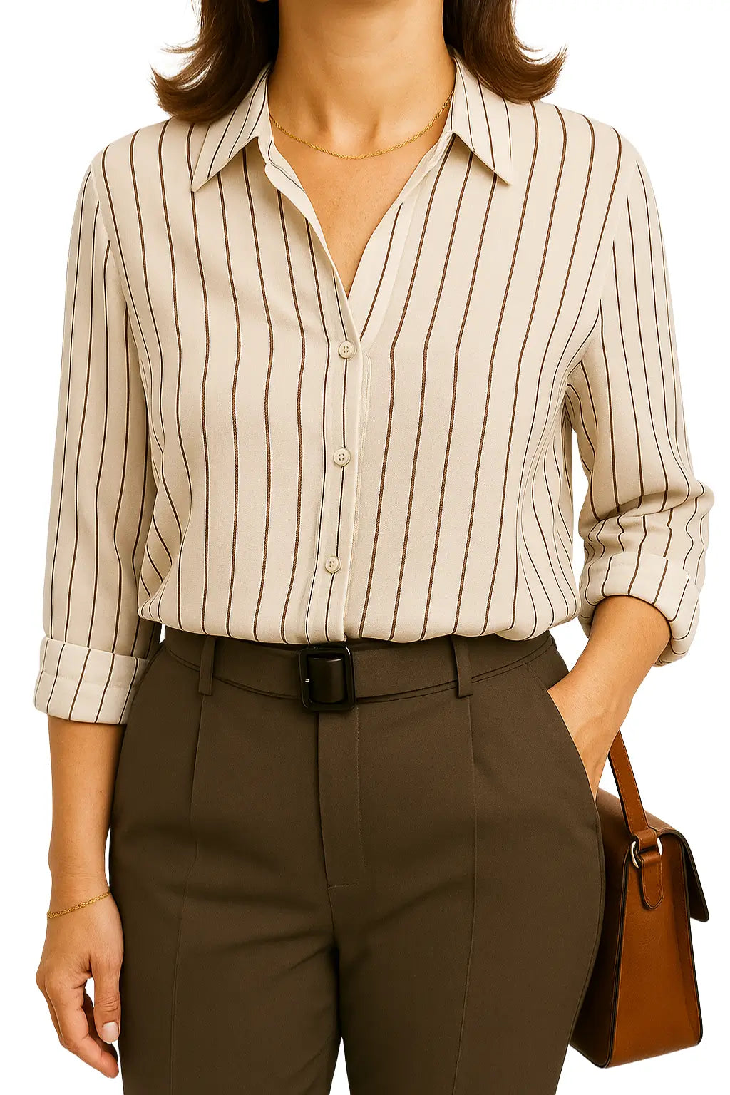 Camisa feminina elegante com listras verticais, manga longa e gola social – estilo casual e office para primavera ou outono