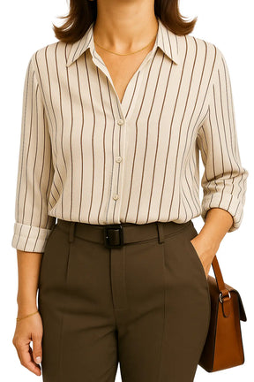 Camisa feminina elegante com listras verticais, manga longa e gola social – estilo casual e office para primavera ou outono