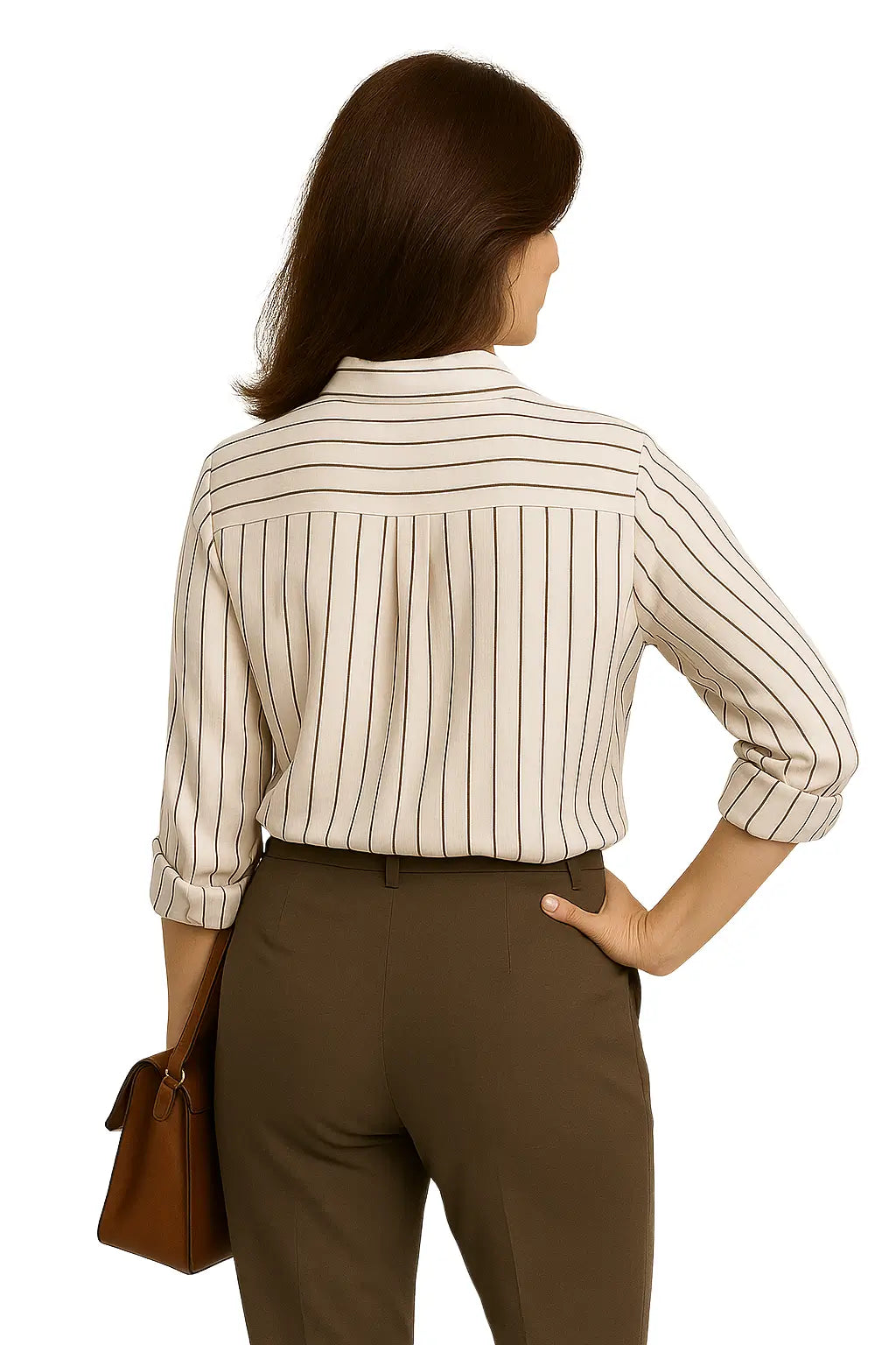 Camisa feminina elegante com listras verticais, manga longa e gola social – estilo casual e office para primavera ou outono