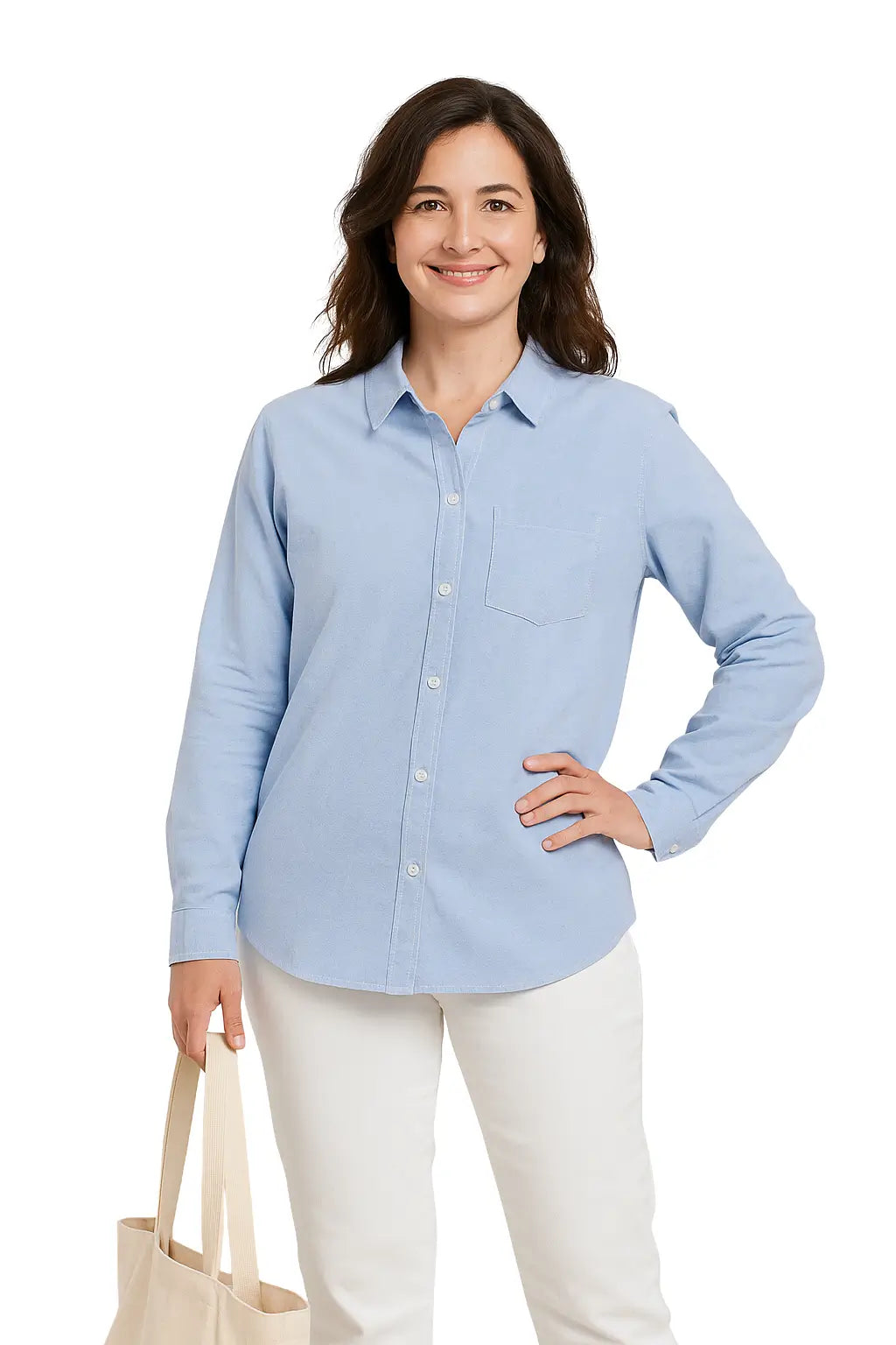 Mulher vestindo Camisa Social Feminina de Algodão com Manga Longa