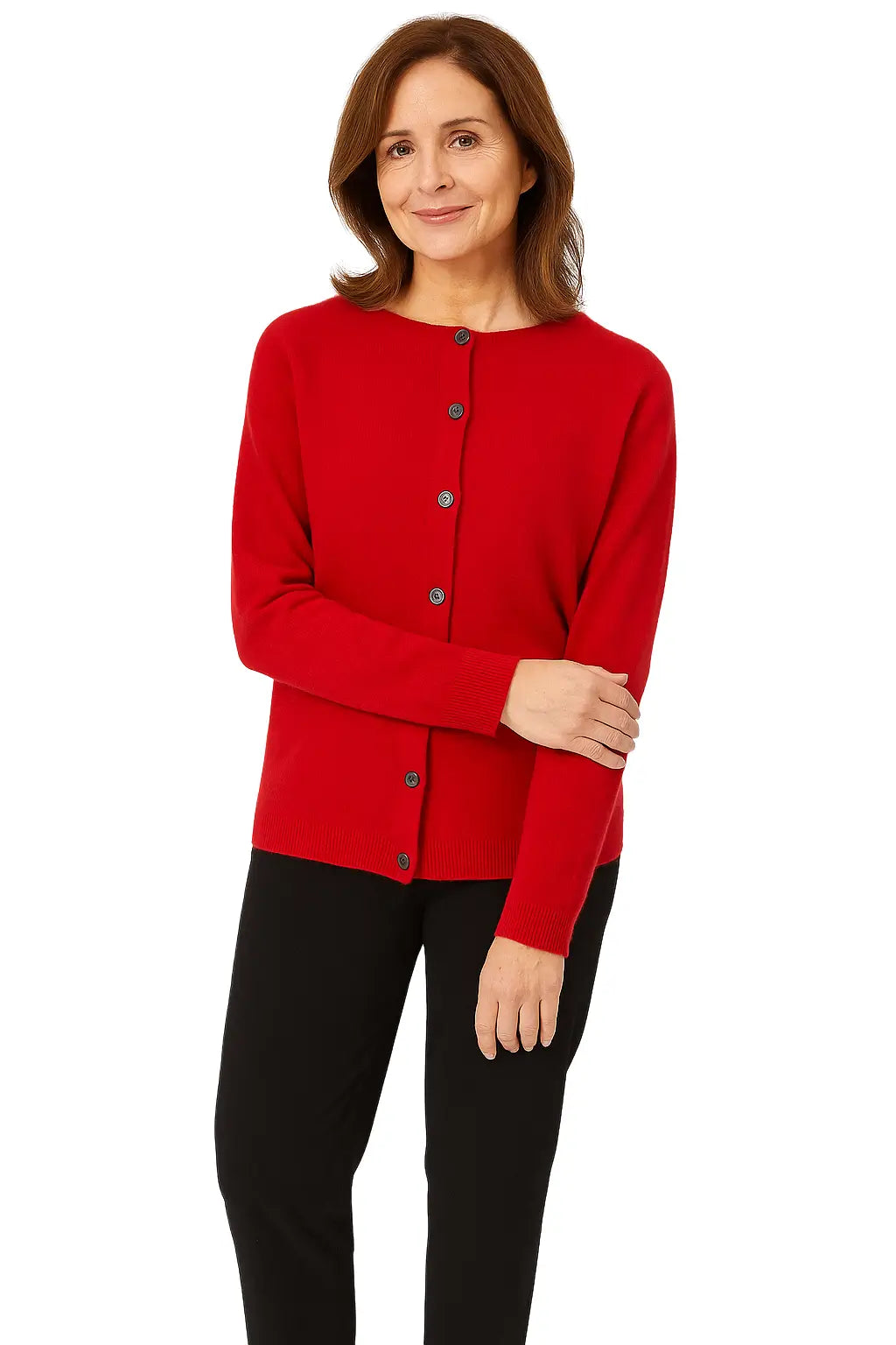 Cardigan feminino de lã merino com gola redonda, botões e caimento confortável, ideal para dias frios.