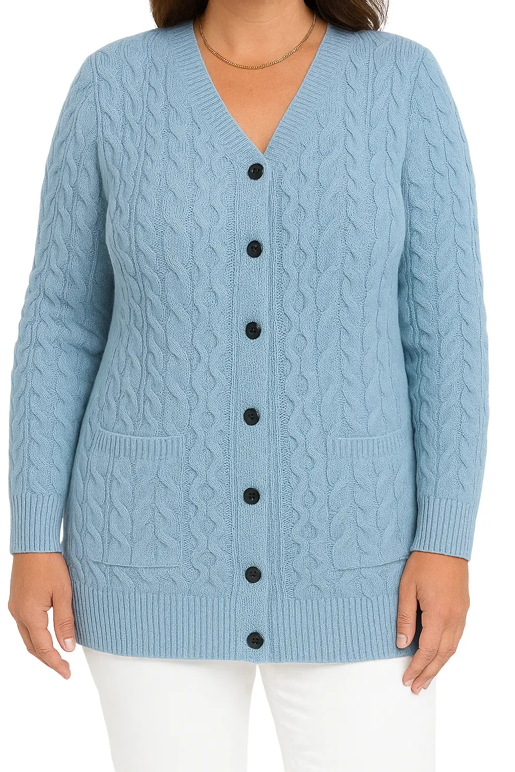 Mulher Usando Cardigan Feminino Azul em Tricô Canelado com Botões