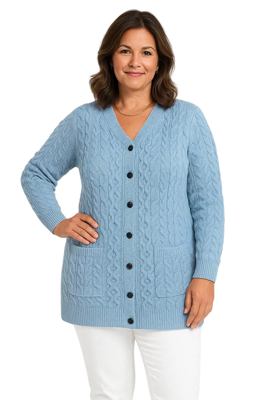 Mulher Usando Cardigan Feminino Azul em Tricô Canelado com Botões