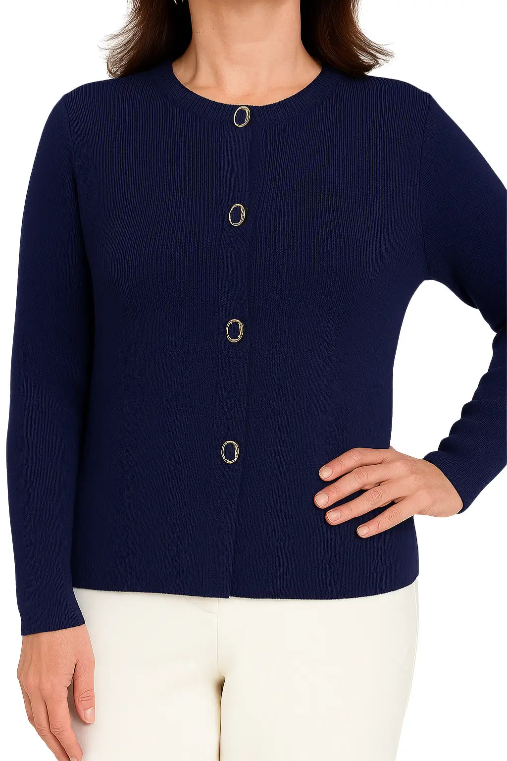 Mulher Usando Cardigan Feminino Gola Redonda Slim
