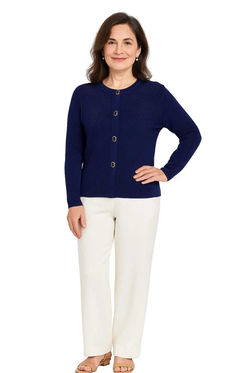 Mulher Usando Cardigan Feminino Gola Redonda Slim