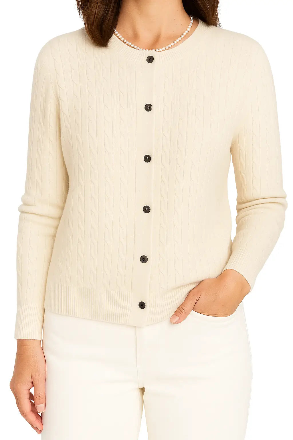 Mulher Usando Cardigan Feminino Gola Redonda Slim Fit