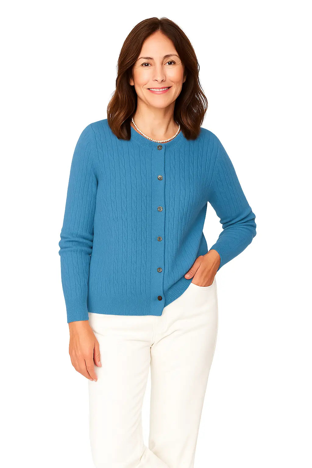 Mulher Usando Cardigan Feminino Gola Redonda Slim Fit