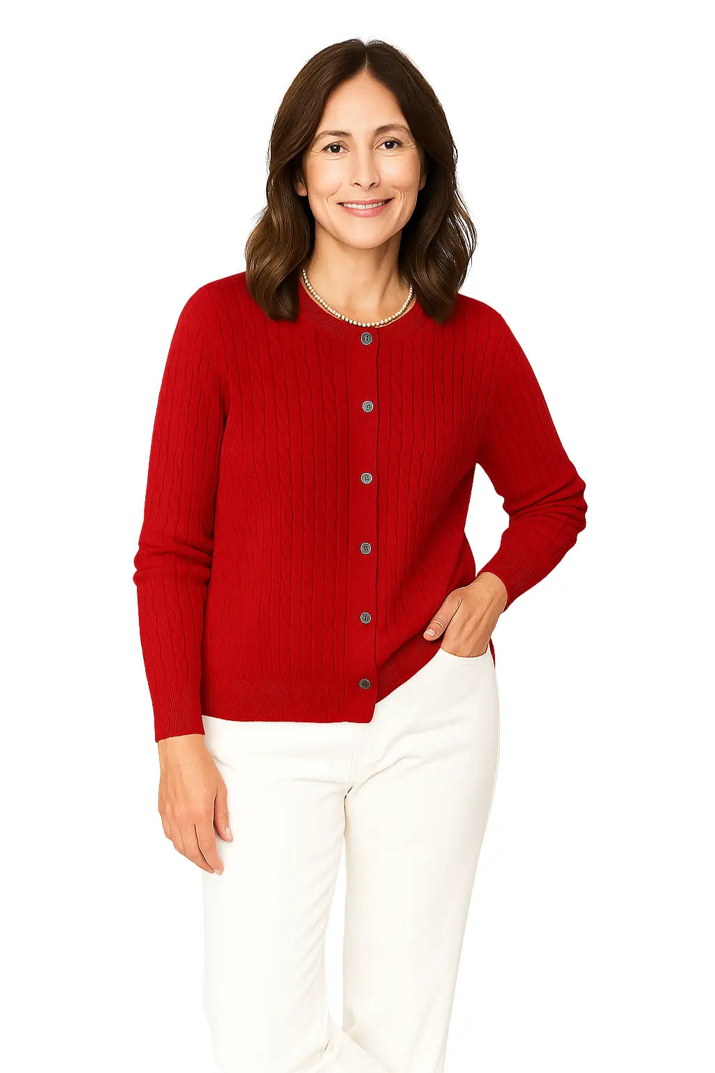 Mulher Usando Cardigan Feminino Gola Redonda Slim Fit