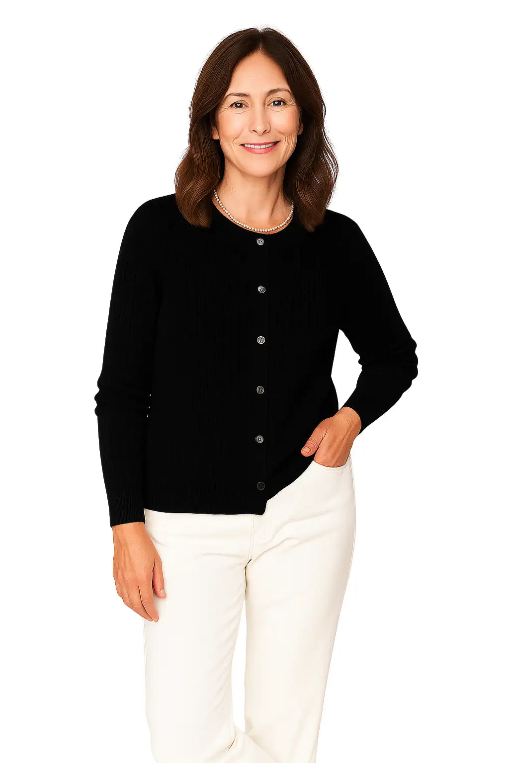 Mulher Usando Cardigan Feminino Gola Redonda Slim Fit