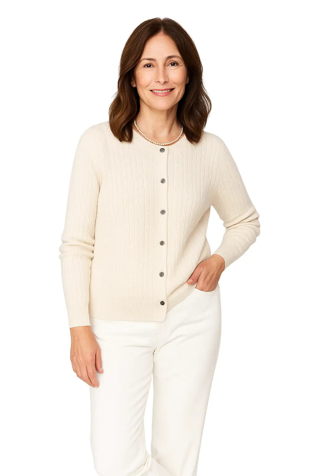 Mulher Usando Cardigan Feminino Gola Redonda Slim Fit