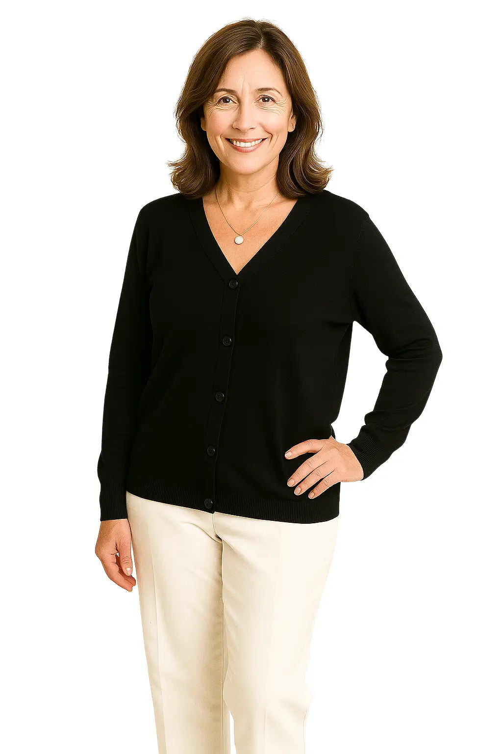 Mulher usando um Cardigan Feminino Gola V Tricô Leve com Botões