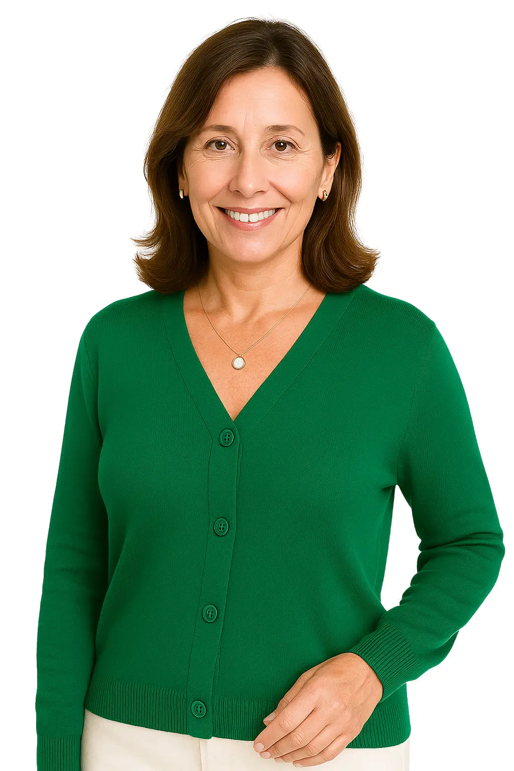 Mulher usando um Cardigan Feminino Gola V Tricô Leve com Botões