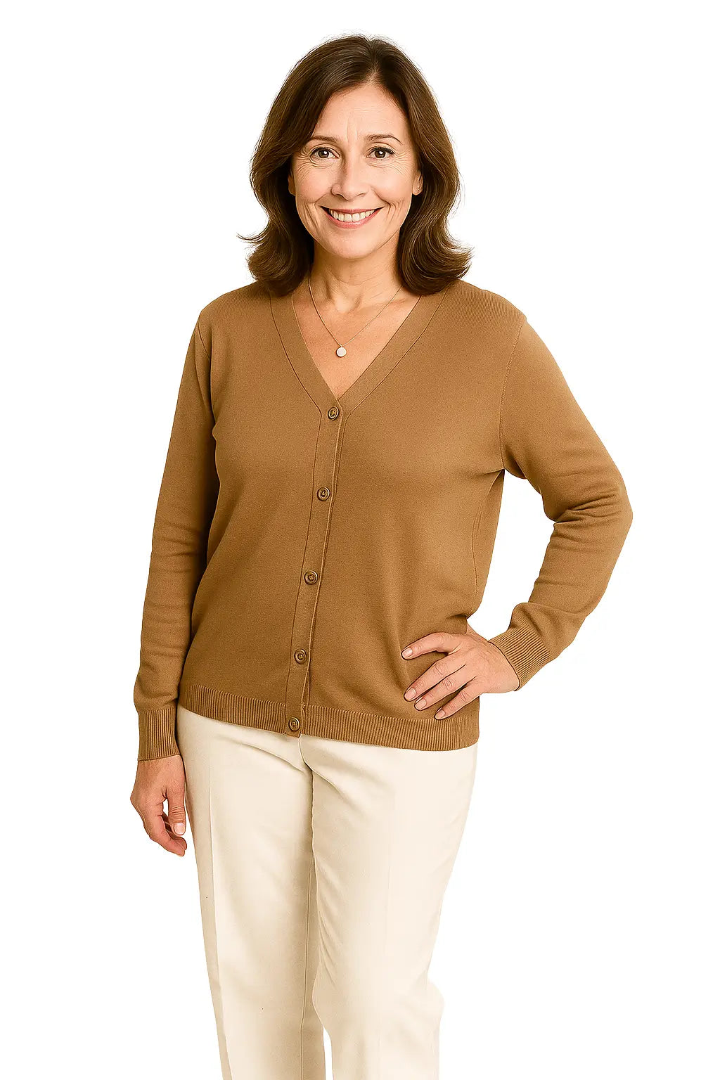 Mulher usando um Cardigan Feminino Gola V Tricô Leve com Botões