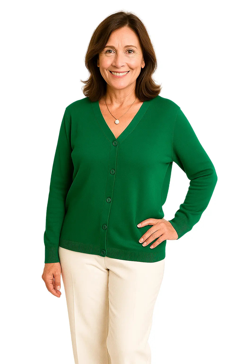 Mulher usando um Cardigan Feminino Gola V Tricô Leve com Botões