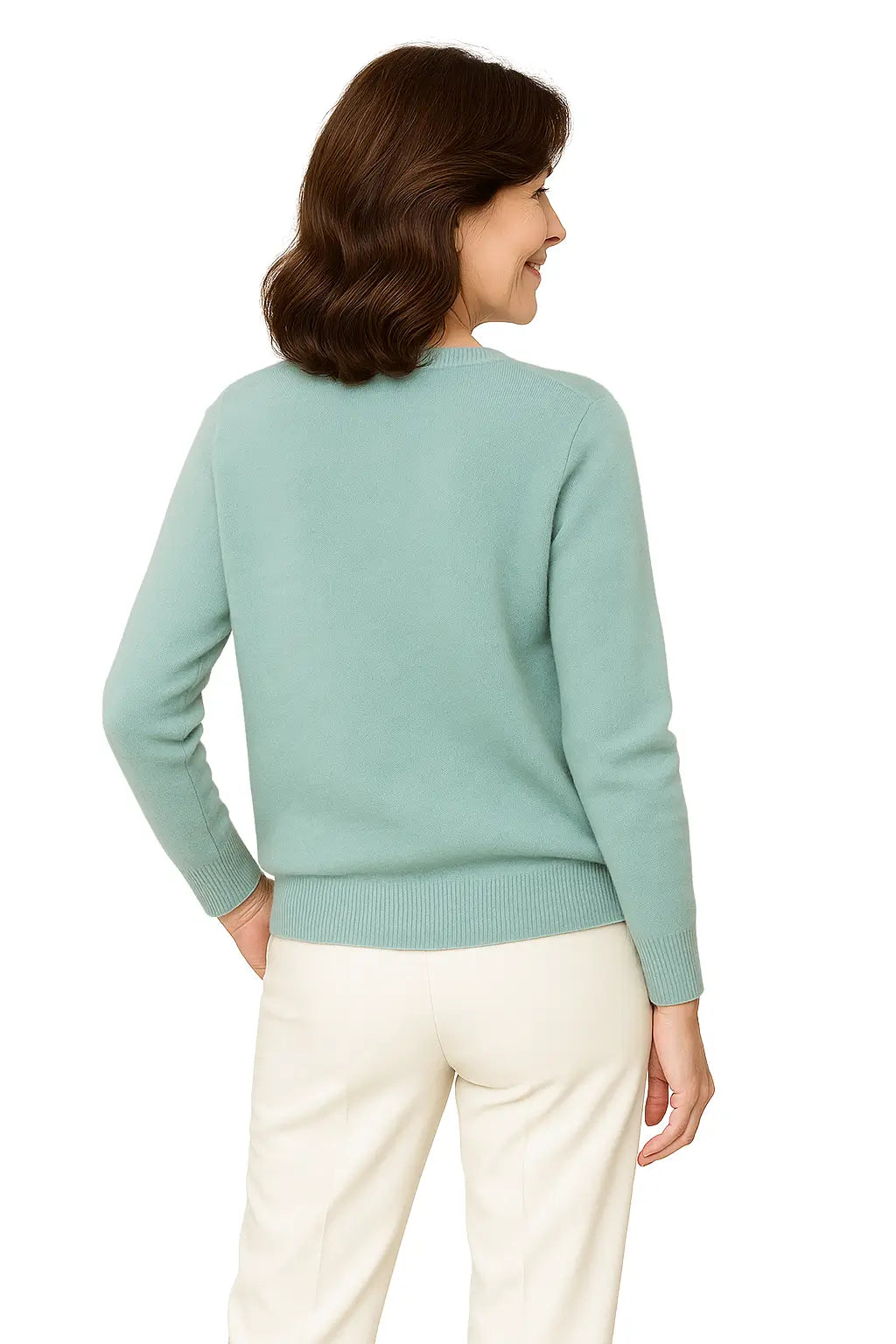 Mulher usando Cardigan Feminino em Cashmere  com Gola Redonda