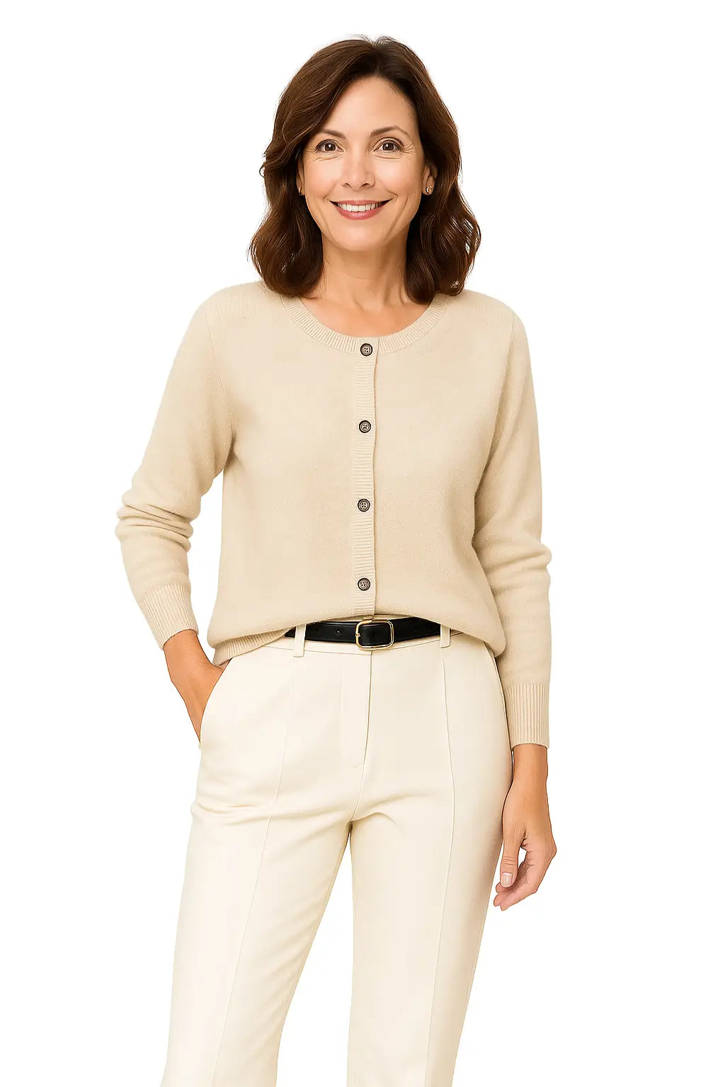 Mulher usando Cardigan Feminino em Cashmere  com Gola Redonda