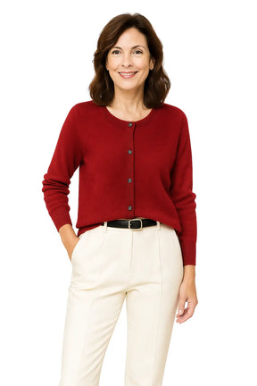 Mulher usando Cardigan Feminino em Cashmere  com Gola Redonda