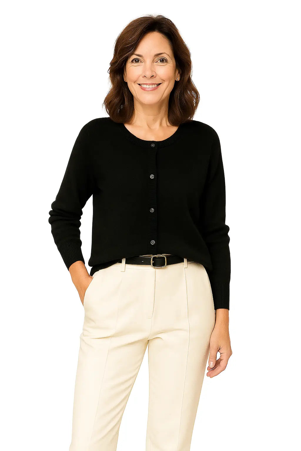 Mulher usando Cardigan Feminino em Cashmere  com Gola Redonda