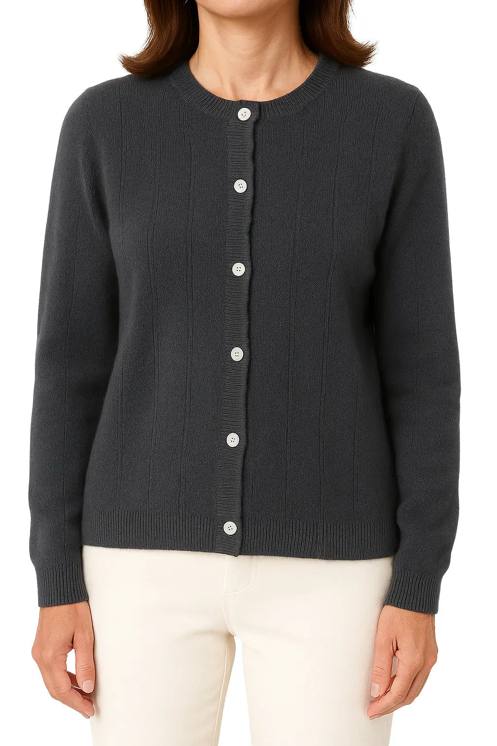 Cardigan Feminino em Lã Merino com Gola Redonda e Botões
