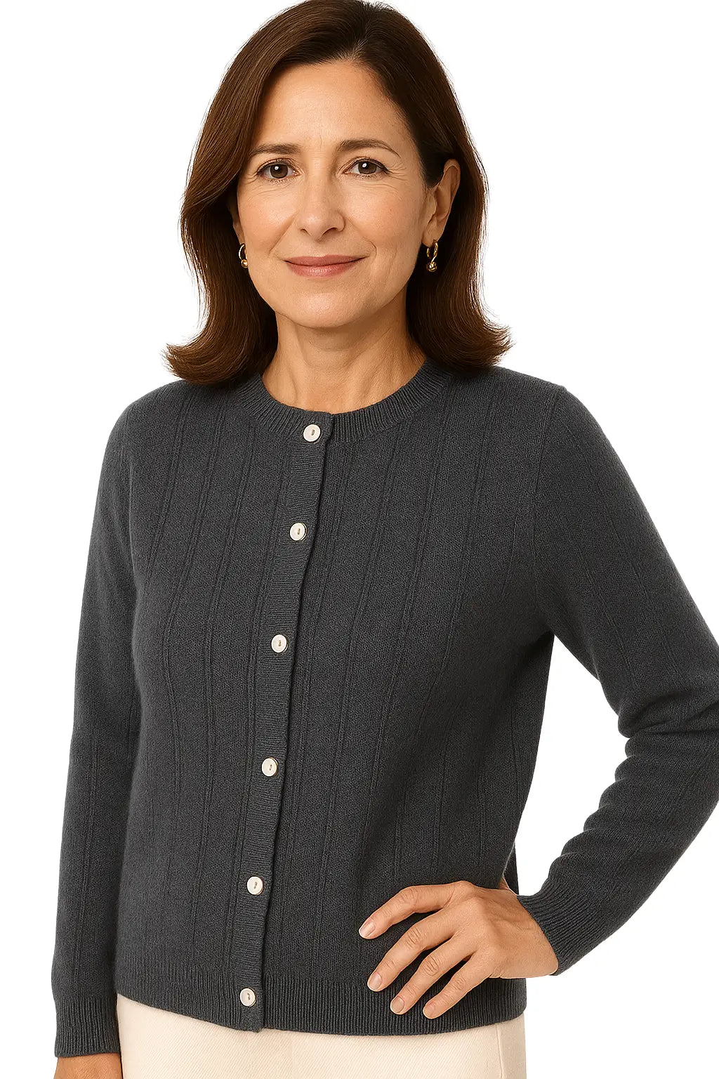 Cardigan Feminino em Lã Merino com Gola Redonda e Botões