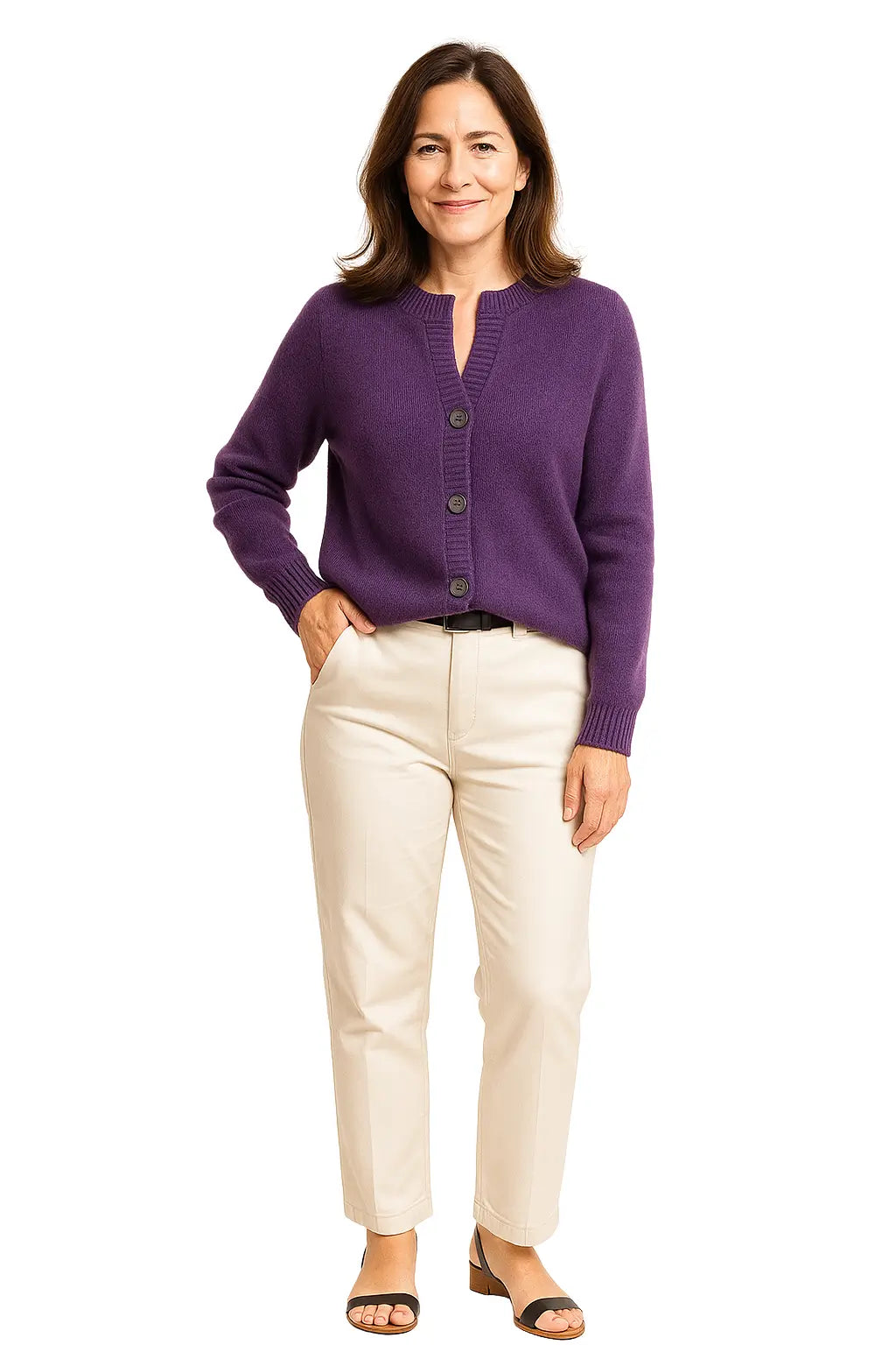Mulher Usando Cardigan Feminino em Tricô com Botões