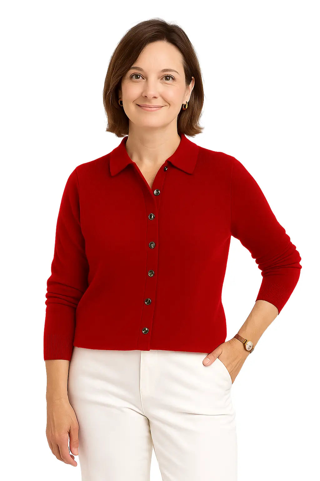 Mulher usando Cardigan Feminino em Tricô com Gola Camisa e Botões