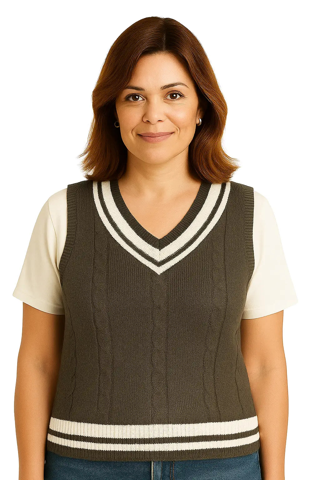 Mulher Usando Colete Feminino Aurora em Tricô com Decote V