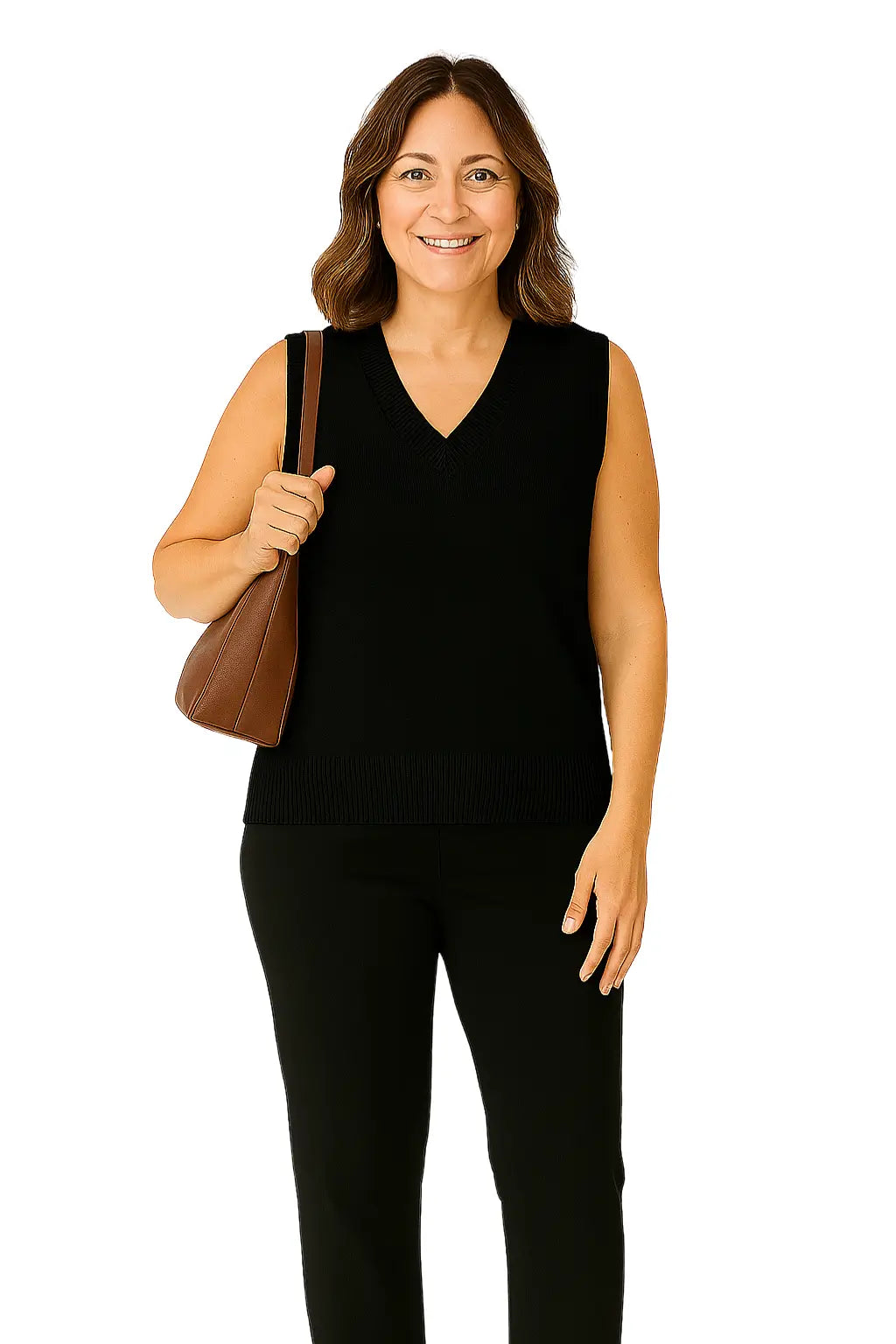Mulher Usando Colete Feminino Basico  em Tricô com Decote V