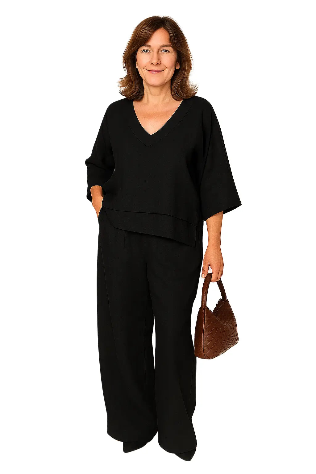 Conjunto feminino casual de algodão e linho com blusa de manga 3/4 e calça pantalona – ideal para primavera e verão.