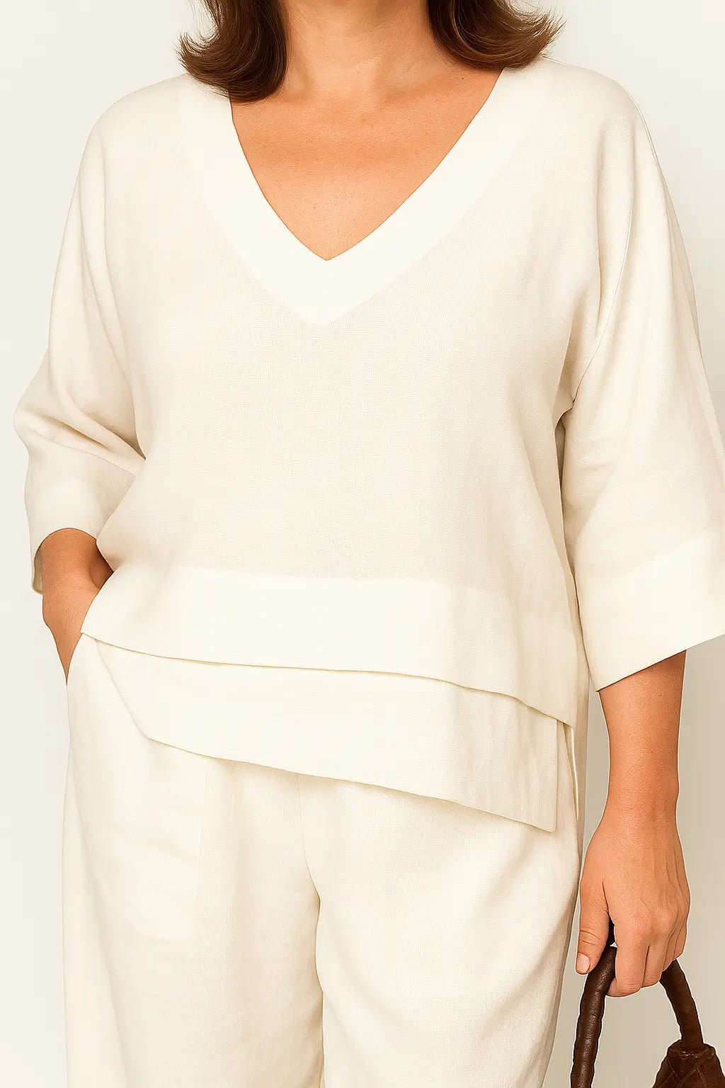 Conjunto feminino casual de algodão e linho com blusa de manga 3/4 e calça pantalona – ideal para primavera e verão.