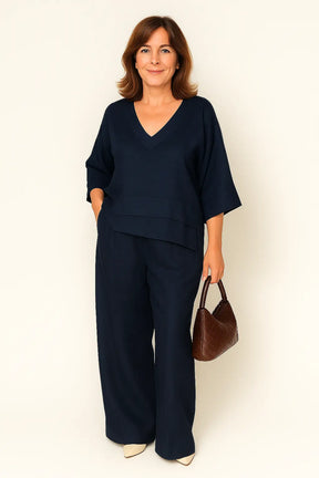 Conjunto feminino casual de algodão e linho com blusa de manga 3/4 e calça pantalona – ideal para primavera e verão.