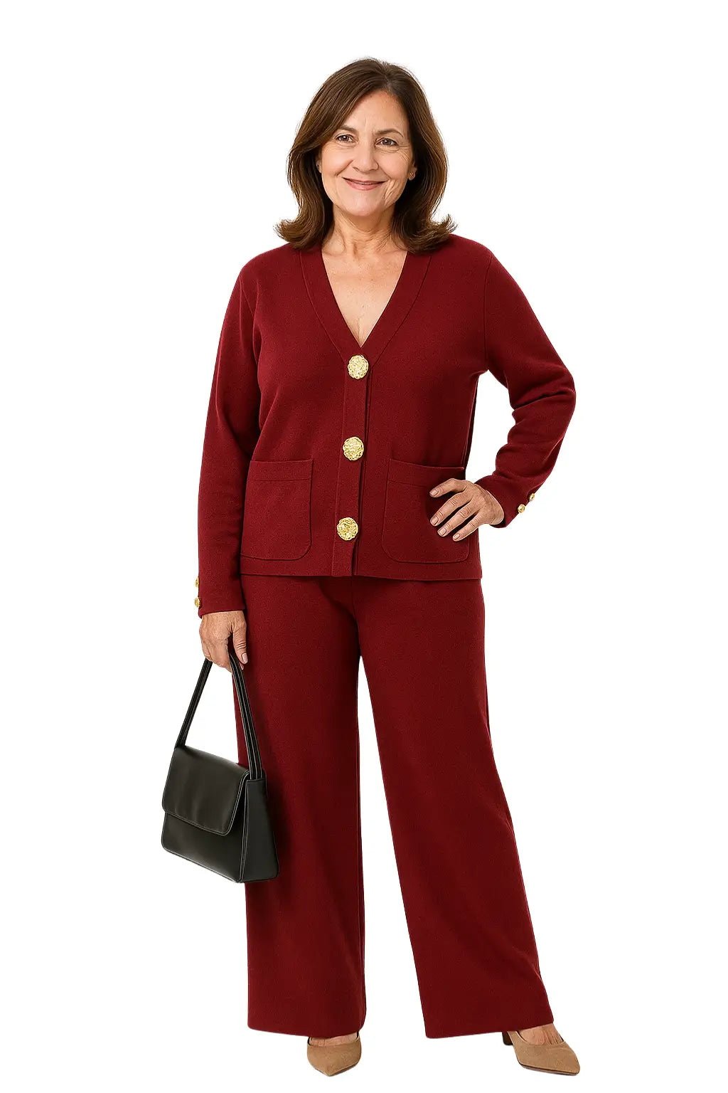 Conjunto feminino de tricô com cardigan de botões e calça pantalona cintura alta – estilo elegante para dias frios.