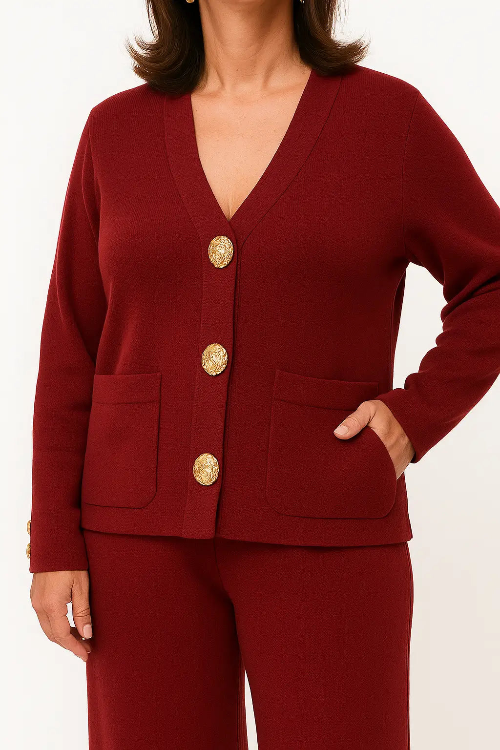Conjunto feminino de tricô com cardigan de botões e calça pantalona cintura alta – estilo elegante para dias frios.