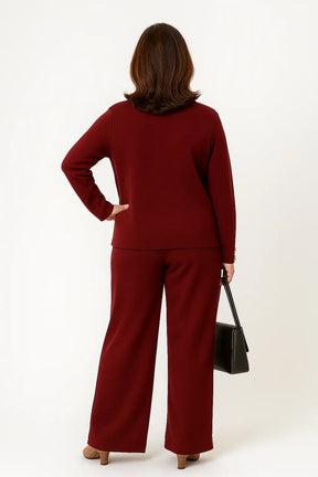 Conjunto feminino de tricô com cardigan de botões e calça pantalona cintura alta – estilo elegante para dias frios.