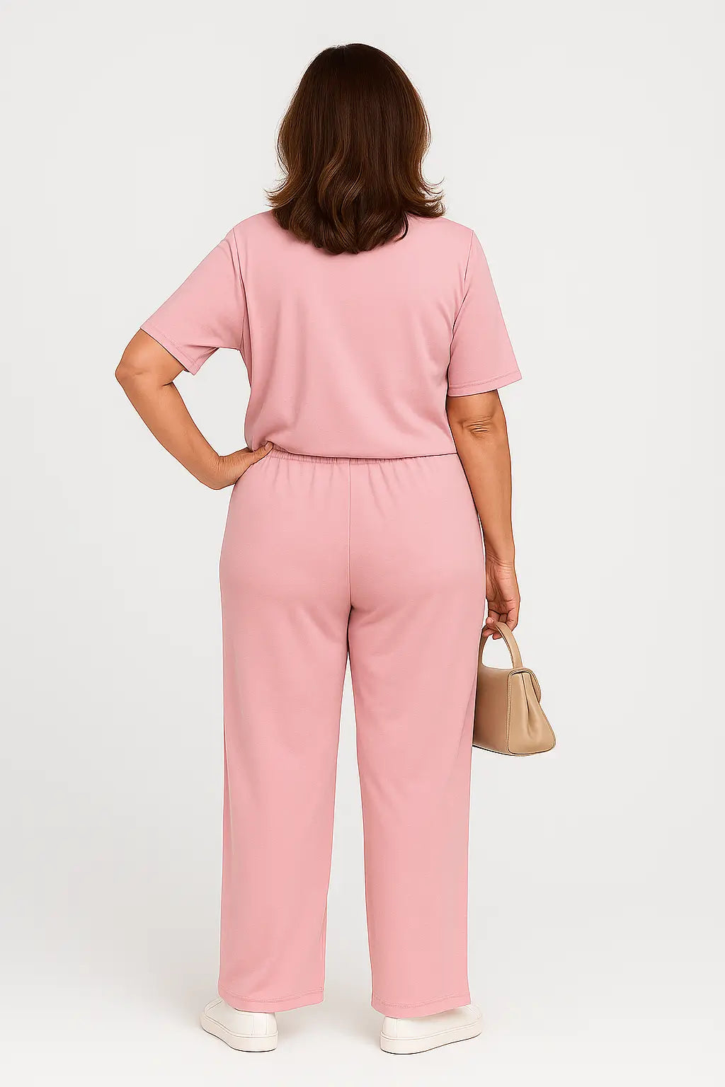 Conjunto feminino rosa de verão com camiseta de manga curta e calça com amarração, ideal para looks casuais
