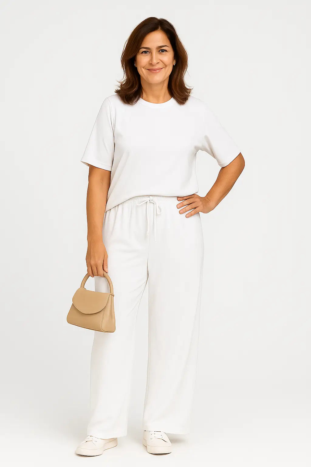 Conjunto feminino rosa de verão com camiseta de manga curta e calça com amarração, ideal para looks casuais