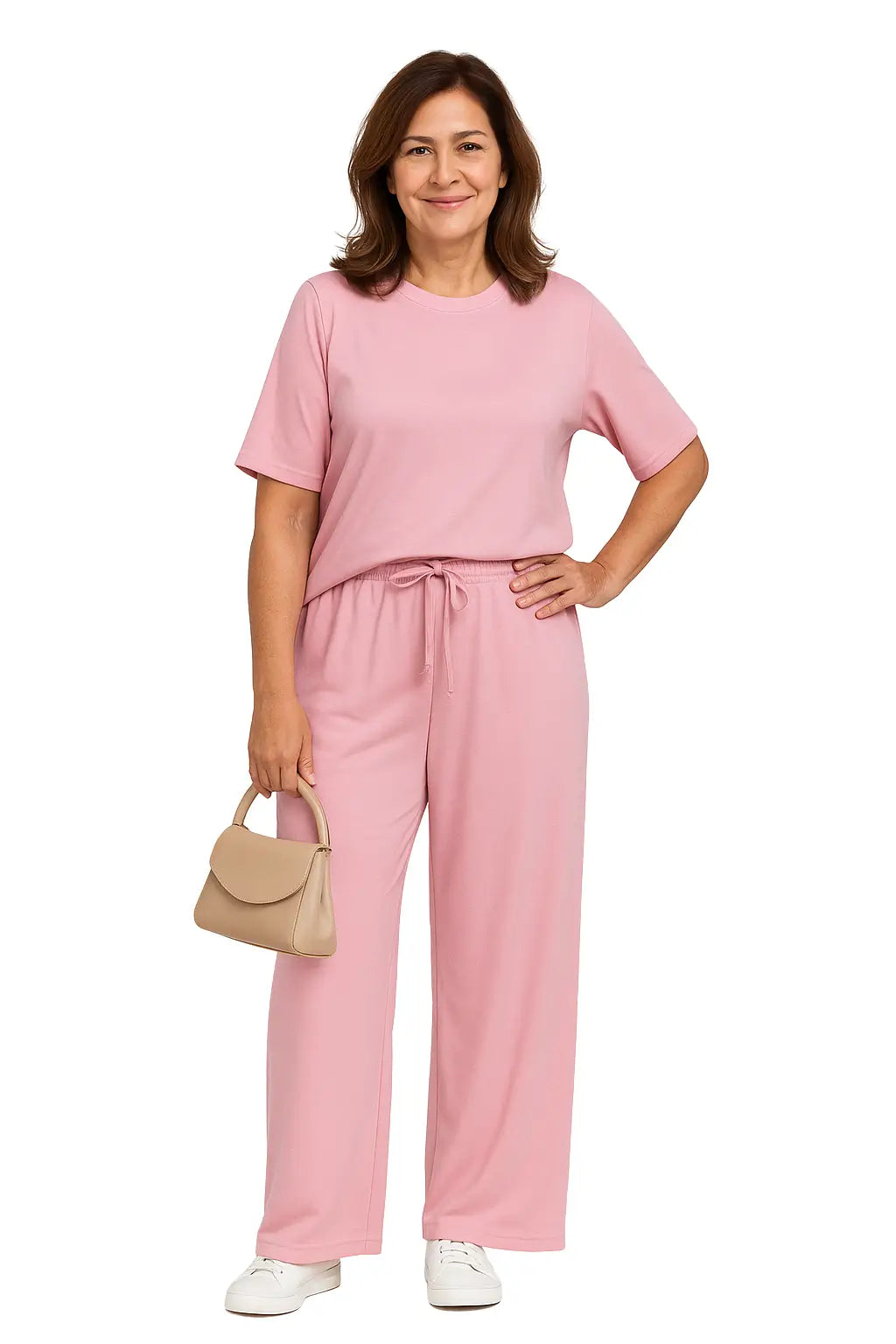 Conjunto feminino rosa de verão com camiseta de manga curta e calça com amarração, ideal para looks casuais