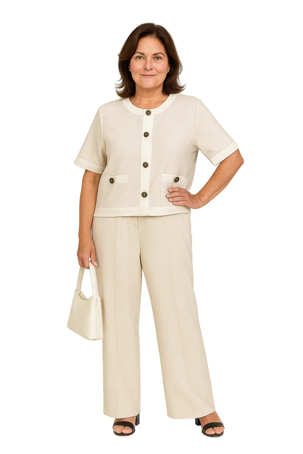 Conjunto feminino elegante com camisa de botão e calça reta de cintura alta, estilo moderno para o verão.