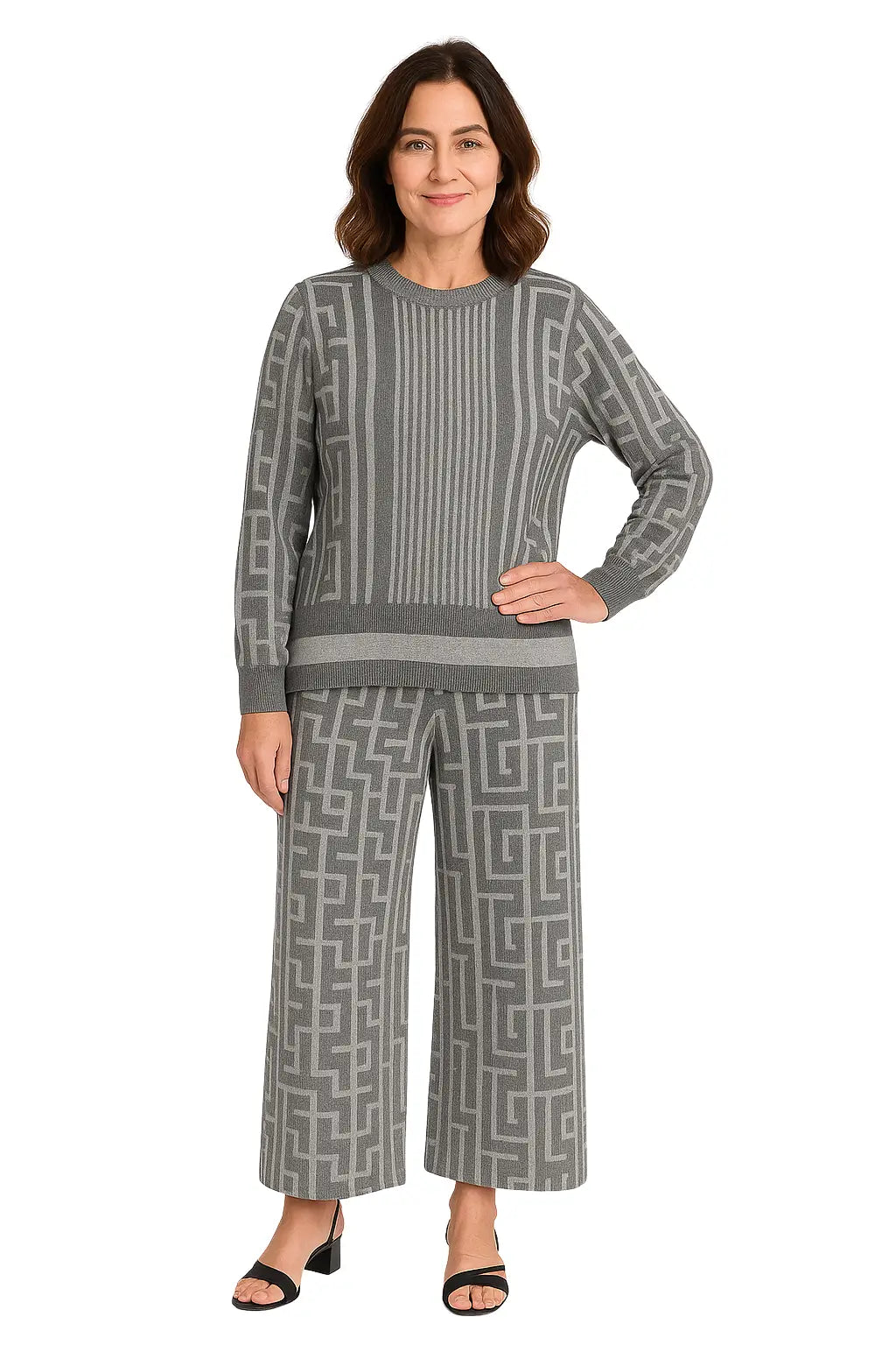 Mulher Usando Conjunto Feminino Casual em Tricô com Blusa e Calça Pantalona