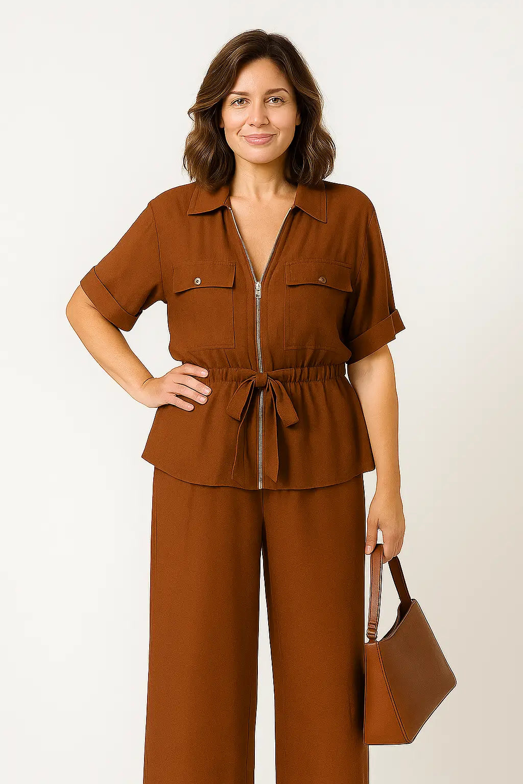 Conjunto feminino verão 2025 com casaco de zíper e calça larga, estilo casual moderno e elegante.