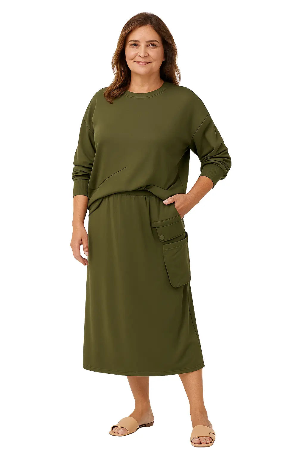 Mulher Usando Conjunto Feminino com Saia Midi e Moletom Longo
